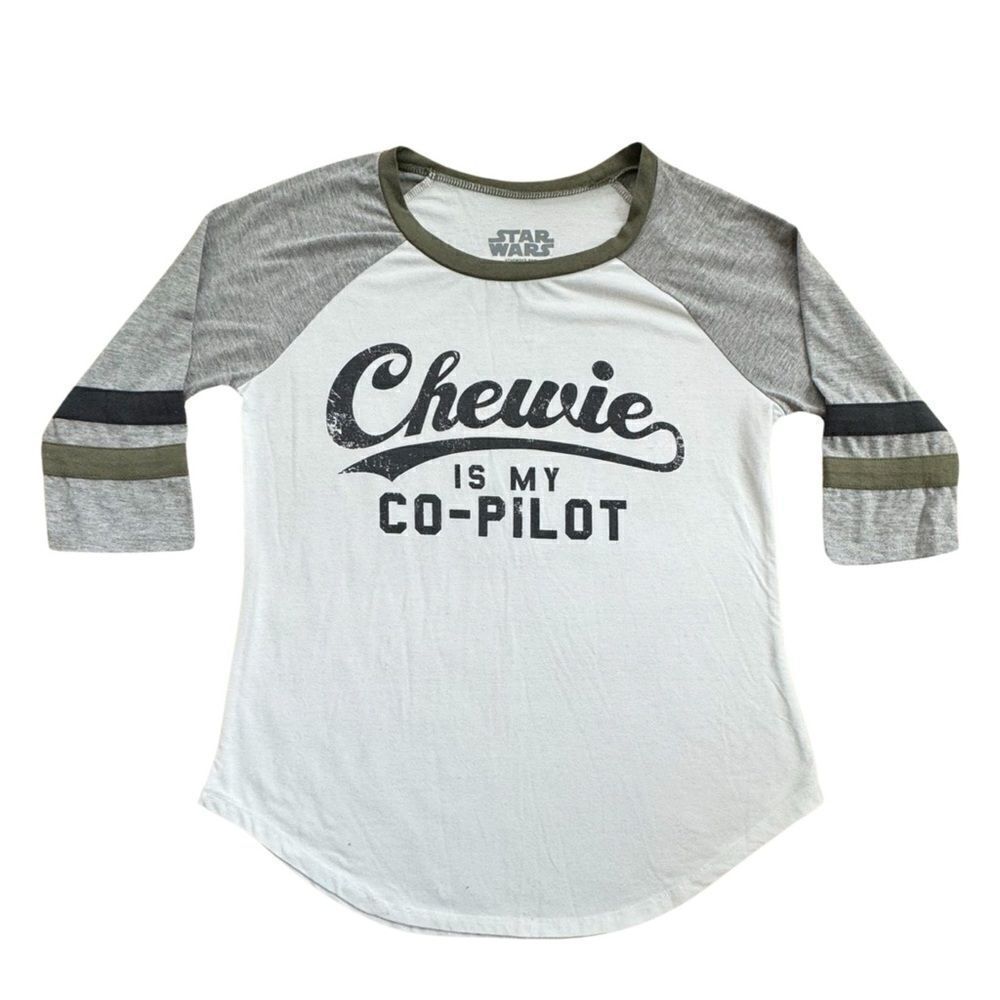 Chewie Is My Copilot Womens Licensed Starwars Raglan Slv Baseball T-Shirt Size S